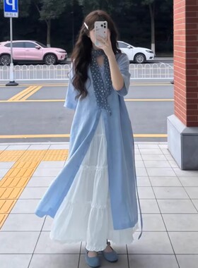 法式气质蓝色衬衫连衣裙子女夏季2026新款海边度假高级感长裙套装