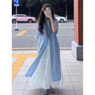 法式气质蓝色衬衫连衣裙子女夏季2026新款海边度假高级感长裙套装
