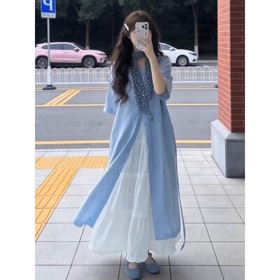 法式气质蓝色衬衫连衣裙长裙套装