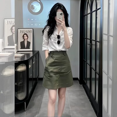 通勤穿搭中袖衬衫套装女