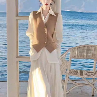 2025春季一整套穿搭高级感气质名媛小香风杏色马甲衬衫半身裙套装