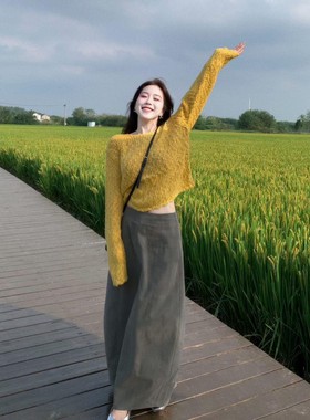 韩系洋气减龄黄色针织衫2025年秋季新款显瘦百搭休闲半身裙套装女