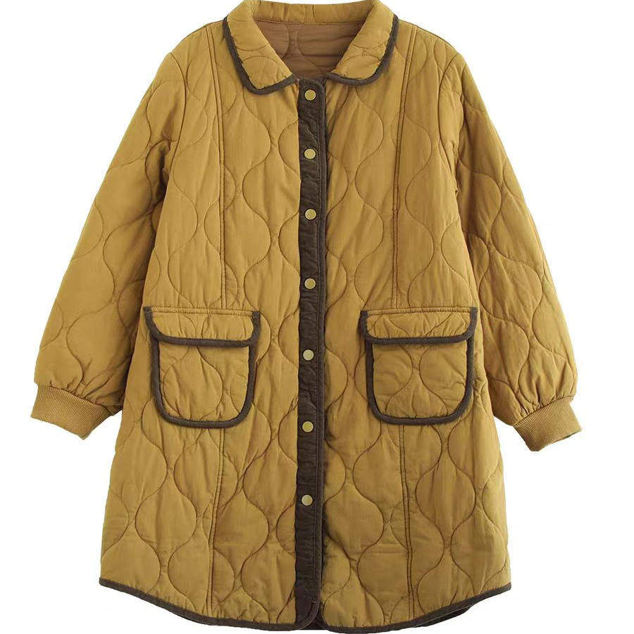 中长款时尚撞色袋盖双口袋棉服外套单排扣翻领圆形压线棉衣G32