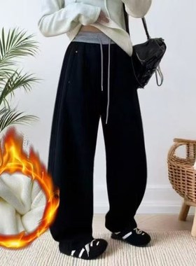 加绒加厚撞色抽绳镰刀休闲卫裤女内里加绒舒适保暖弯刀裤潮P24