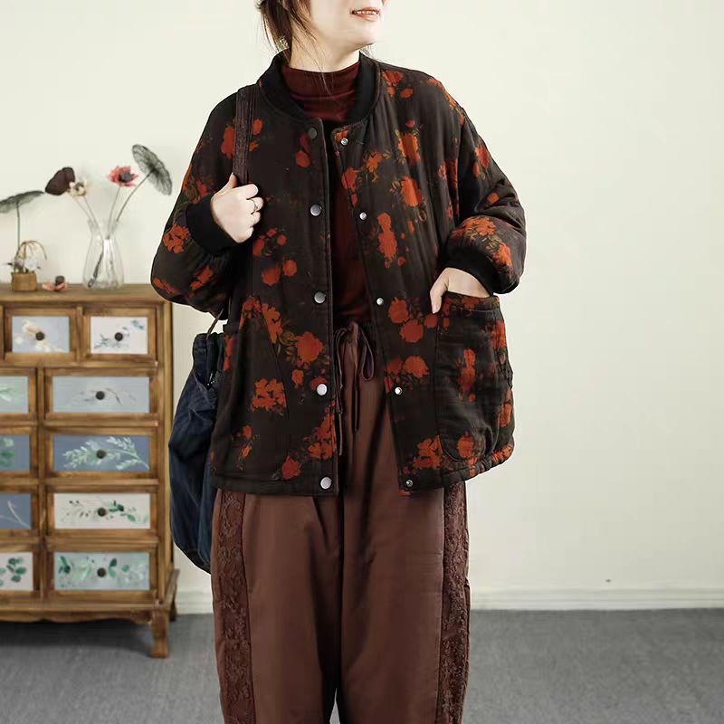 单排按扣满印花时尚夹棉外套女新款休闲棒球服领棉服潮107