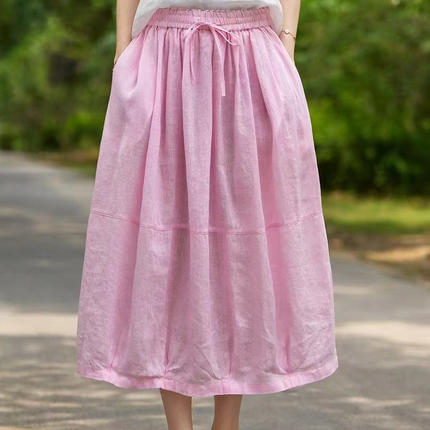 高端100%纯亚麻时尚拼接半身裙女中长款系带高腰A字过膝裙N14