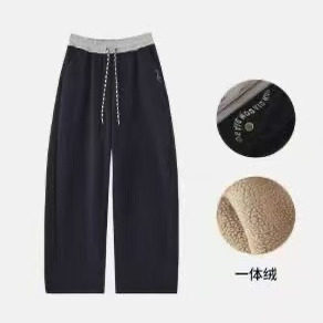 一体绒加厚加绒保暖腰部撞色弯刀阔腿裤宽松百搭高腰休闲裤J13