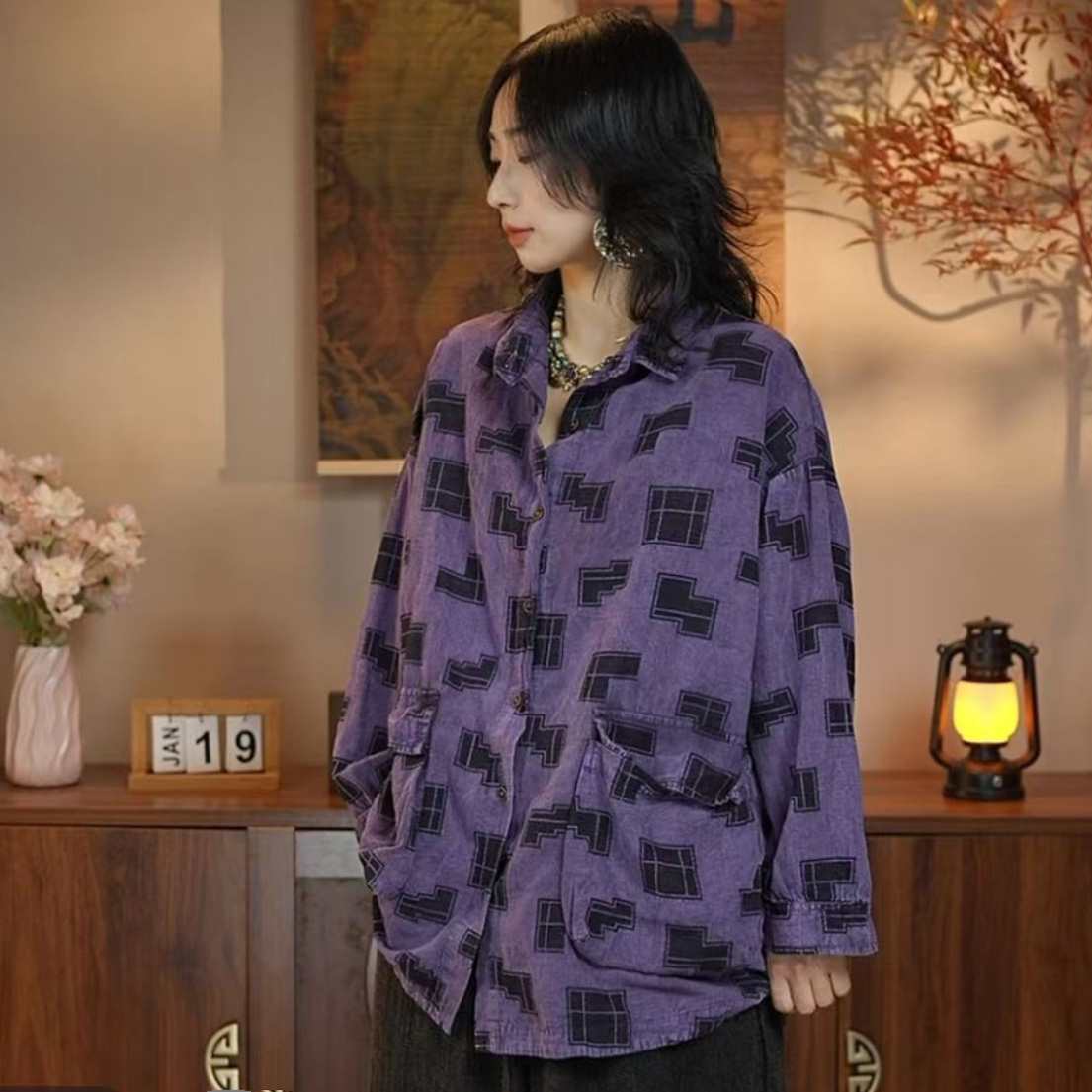 做旧复古格子衬衣女时尚中长款宽松百搭休闲长袖上衣潮E35