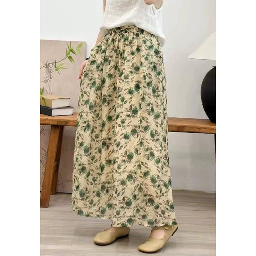 纯苎麻减龄小碎花半身裙文艺时尚宽松百搭中长款高腰过膝裙潮F43