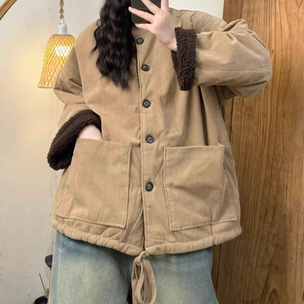 复古时尚灯芯绒全扣休闲棉服内里羊羔毛加厚保暖抽绳棉衣W31