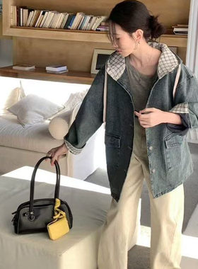有内衬时尚个性拼接牛仔外套女宽松休闲百搭连帽双口袋上衣潮H34