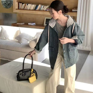 有内衬时尚 拼接牛仔外套女宽松休闲百搭连帽双口袋上衣潮H34 个性