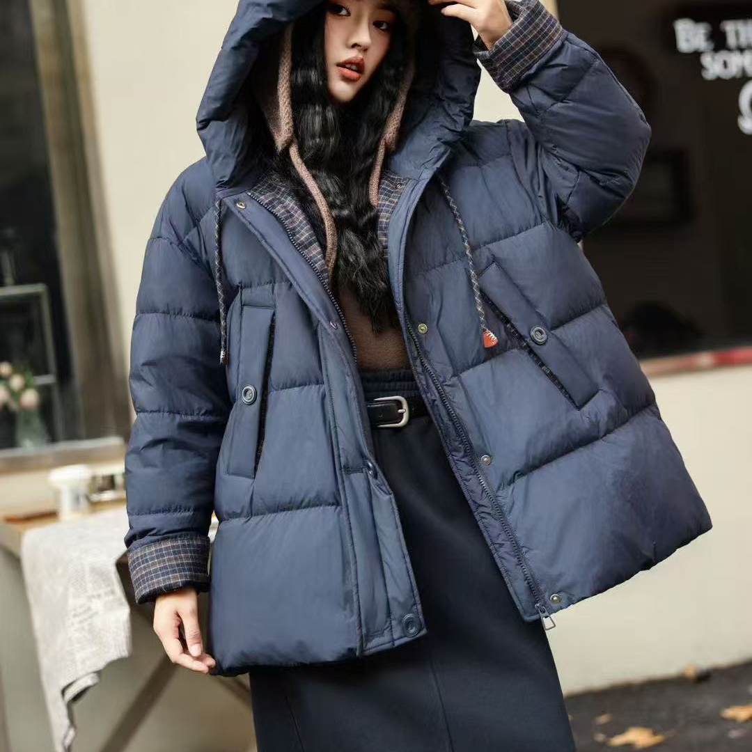 内里格子拼接90白鸭绒外套女中长款宽松百搭时尚羽绒服E31