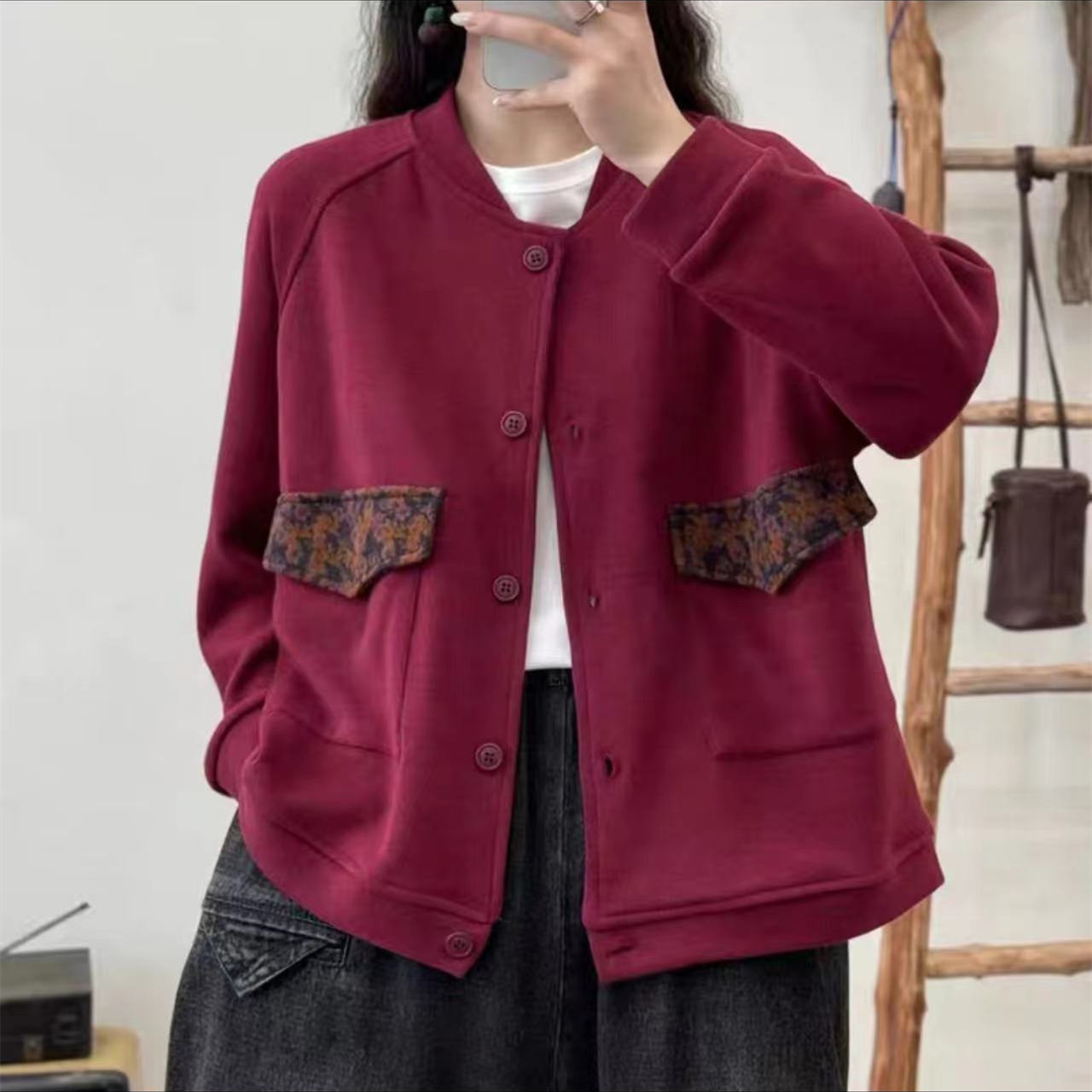休闲棒球服领碎花拼接短外套