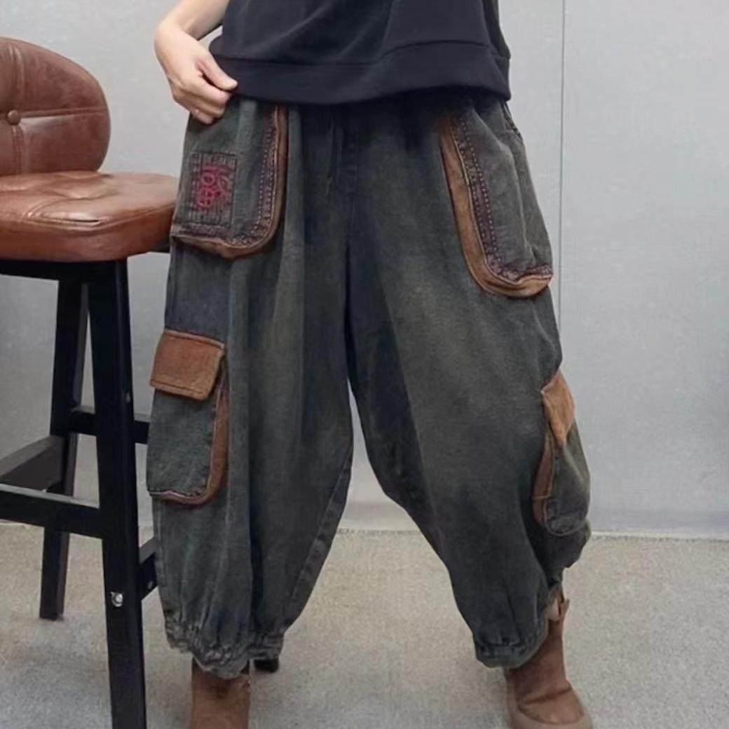 个性立体多口袋哈伦牛仔裤潮大版宽松高腰福字刺绣老爹裤S24,女装/女士精品,休闲裤,淘宝优惠券,粉丝福利购,淘宝优惠卷