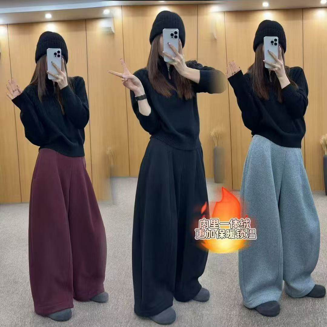 冬季加绒加厚保暖时尚弯刀卫裤女宽松显瘦百搭高腰直筒裤1223
