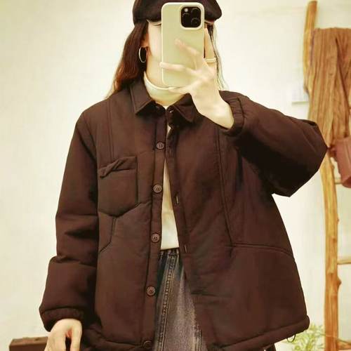 复古工装风翻领棉衣女冬季宽松时尚纯色夹棉棉服外套潮J42