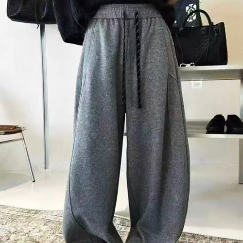 加绒加厚松紧高腰抽绳弯刀裤镰刀裤百搭显瘦直筒休闲卫裤I23