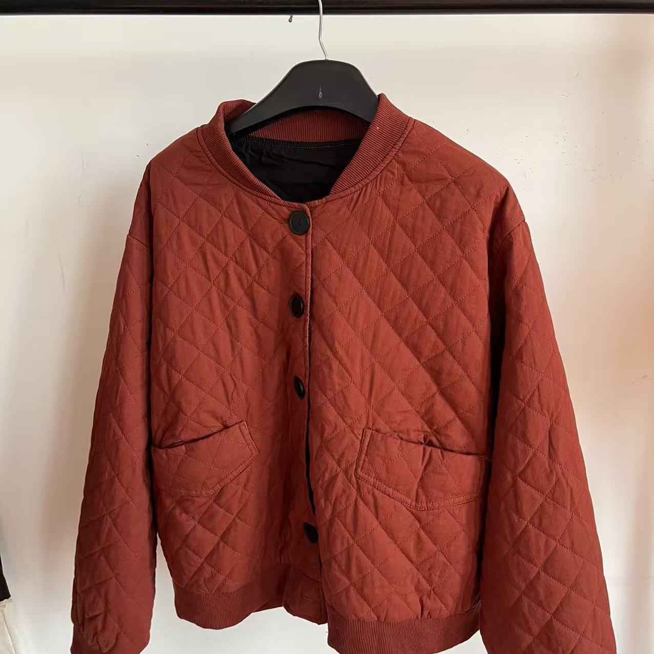 棒球服领休闲宽松百搭棉服外套女时尚菱格绗缝双口袋棉衣