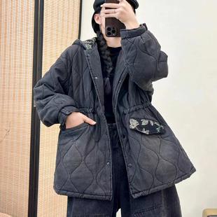 大菱格连帽天丝牛仔休闲中长款 棉服外套复古文艺加厚宽松棉衣M11