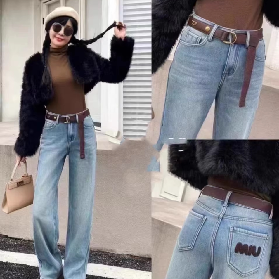 新款港风高腰显瘦直筒加绒休闲牛仔裤宽松休闲百搭裤子