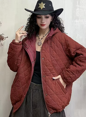 大版宽松显瘦棉服外套时尚连帽休闲格纹拼接夹棉棉衣潮K35