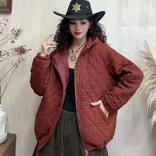 大版 连帽休闲格纹拼接夹棉棉衣潮K35 宽松显瘦棉服外套时尚