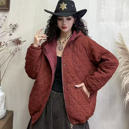 大版宽松显瘦棉服外套时尚连帽休闲格纹拼接夹棉棉衣潮K35