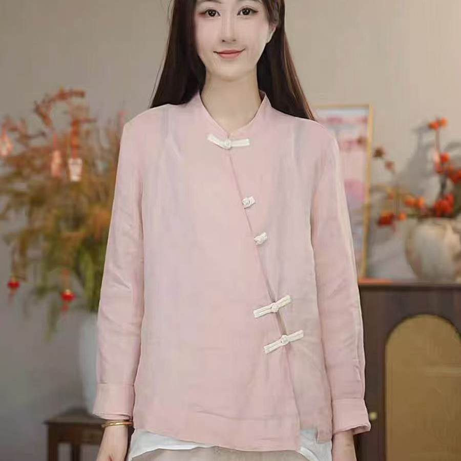 复古文艺斜门襟国风长袖衬衣新款气质宽松百搭纯色上衣K12