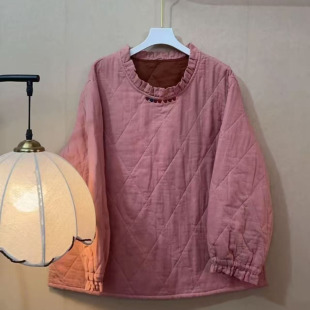 减龄甜美木耳领菱格压线套头棉服女时尚宽松小刺绣棉衣 T货架东