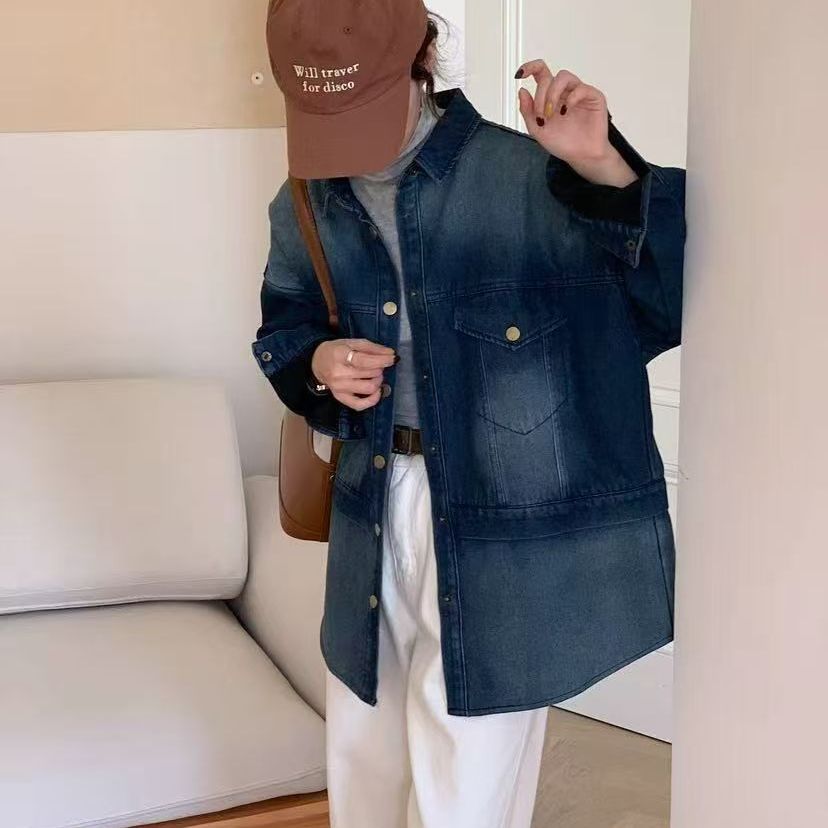 加绒加厚渐变色时尚百搭加绒单排扣休闲牛仔外套复古做旧上衣E45