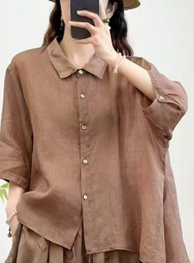 大版净版基础百搭宽松大码翻领百支苎麻单排扣气质开衫上衣D41