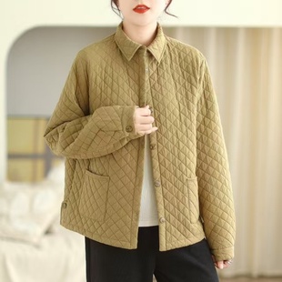菱形格压线休闲翻领夹薄棉上衣女宽松百搭时尚 单排按扣外套F43