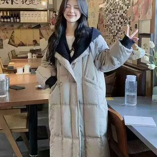 设计感针织连帽假两件可脱卸外套时尚宽松百搭过膝羽绒服I41