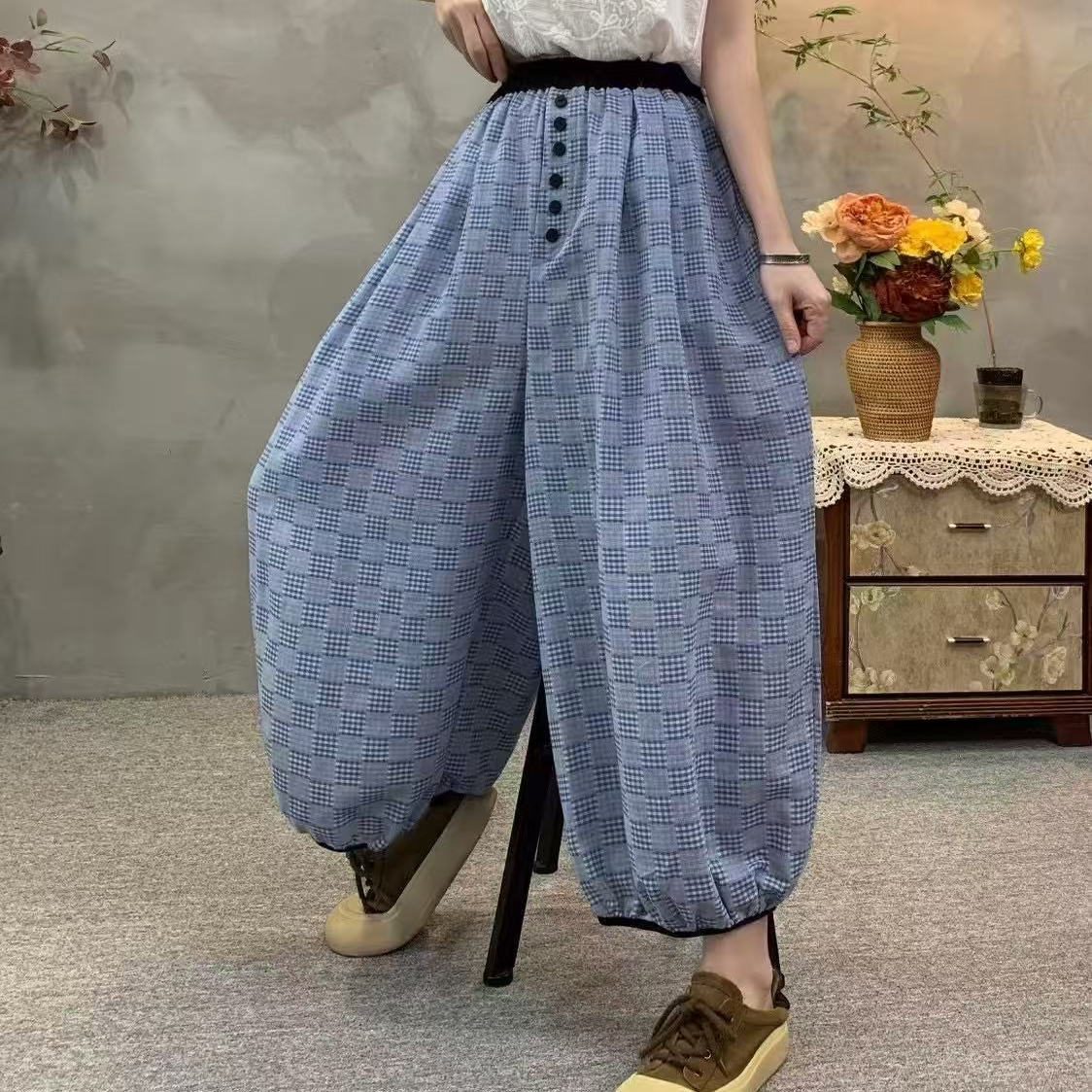 复古格纹棉纱灯笼大码宽松撞色松紧抽绳腰舒适透气长裤C21