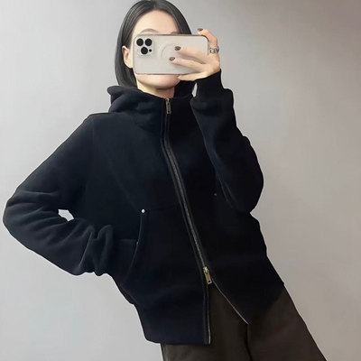 加绒加厚双拉链头连帽休闲宽松卫衣外套个性双拉链纯色上衣M15