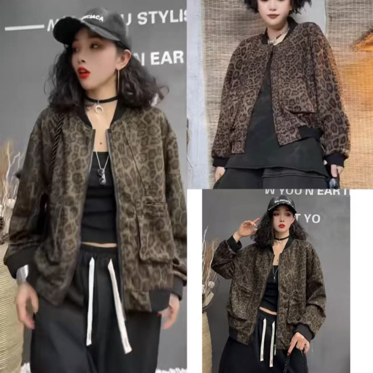 新款时尚豹纹拼接棒球服外套女宽松百搭休闲夹克上衣潮w23
