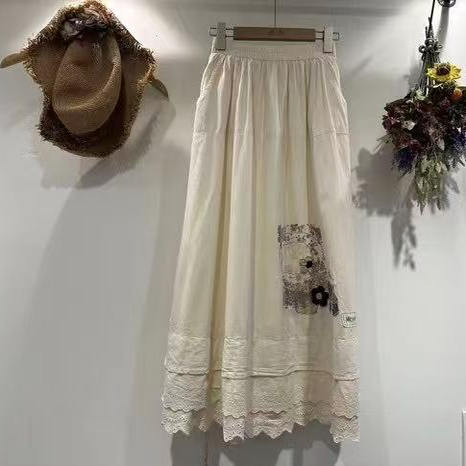 森系甜美精致刺绣减龄半身裙女夏季中长款松紧高腰过膝裙B15