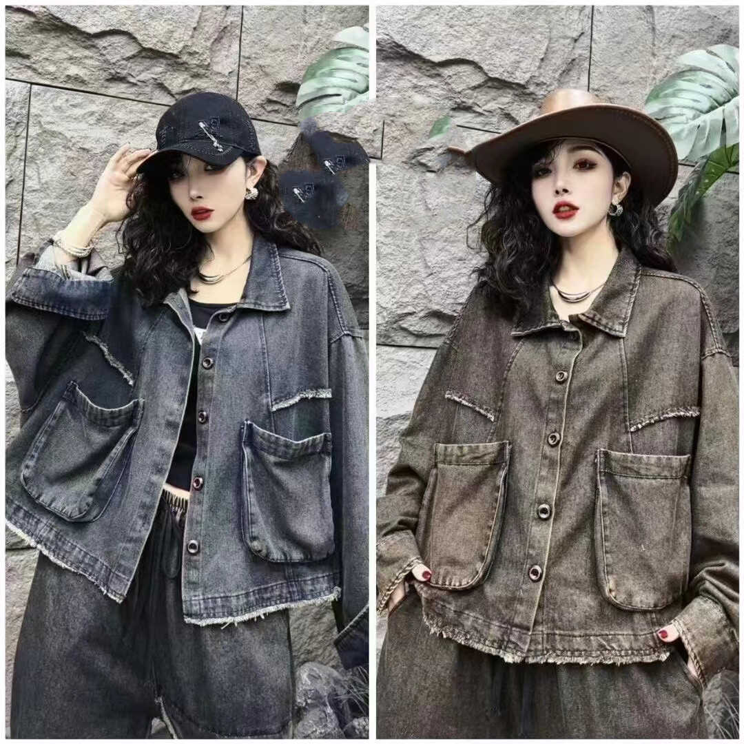 做旧水洗大口袋翻领牛仔外套韩版