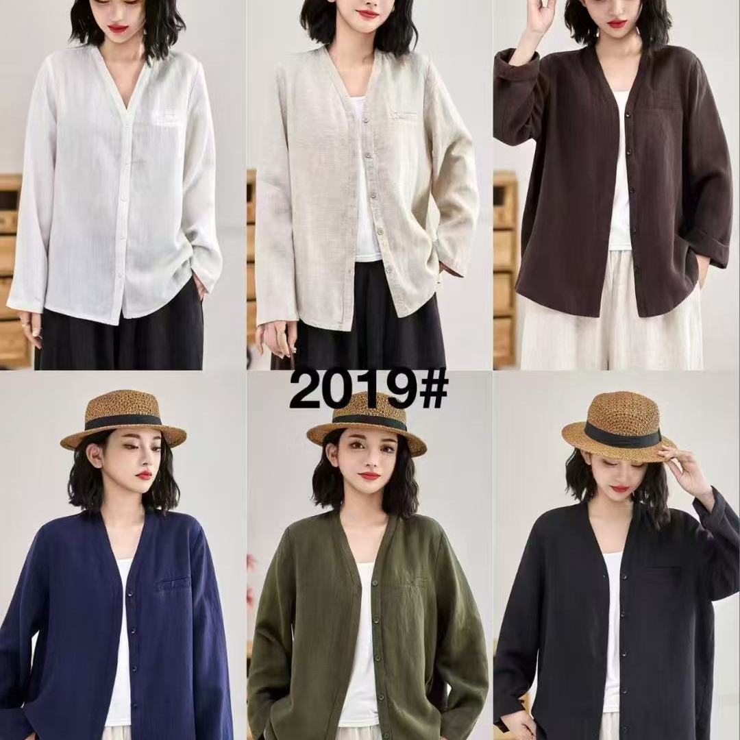 砂洗秋款亚麻V领显瘦单排扣长袖衬衫女新款宽松百搭休闲上衣G42