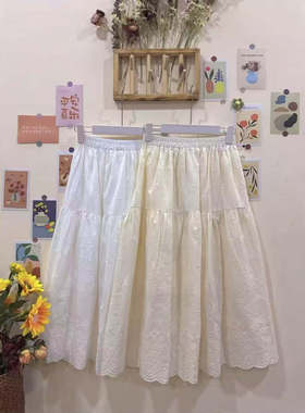 满身重工刺绣森系百搭宽松清新纯色中长款有内衬全棉半身裙D23