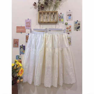 满身重工刺绣森系百搭宽松清新纯色中长款 有内衬全棉半身裙D23