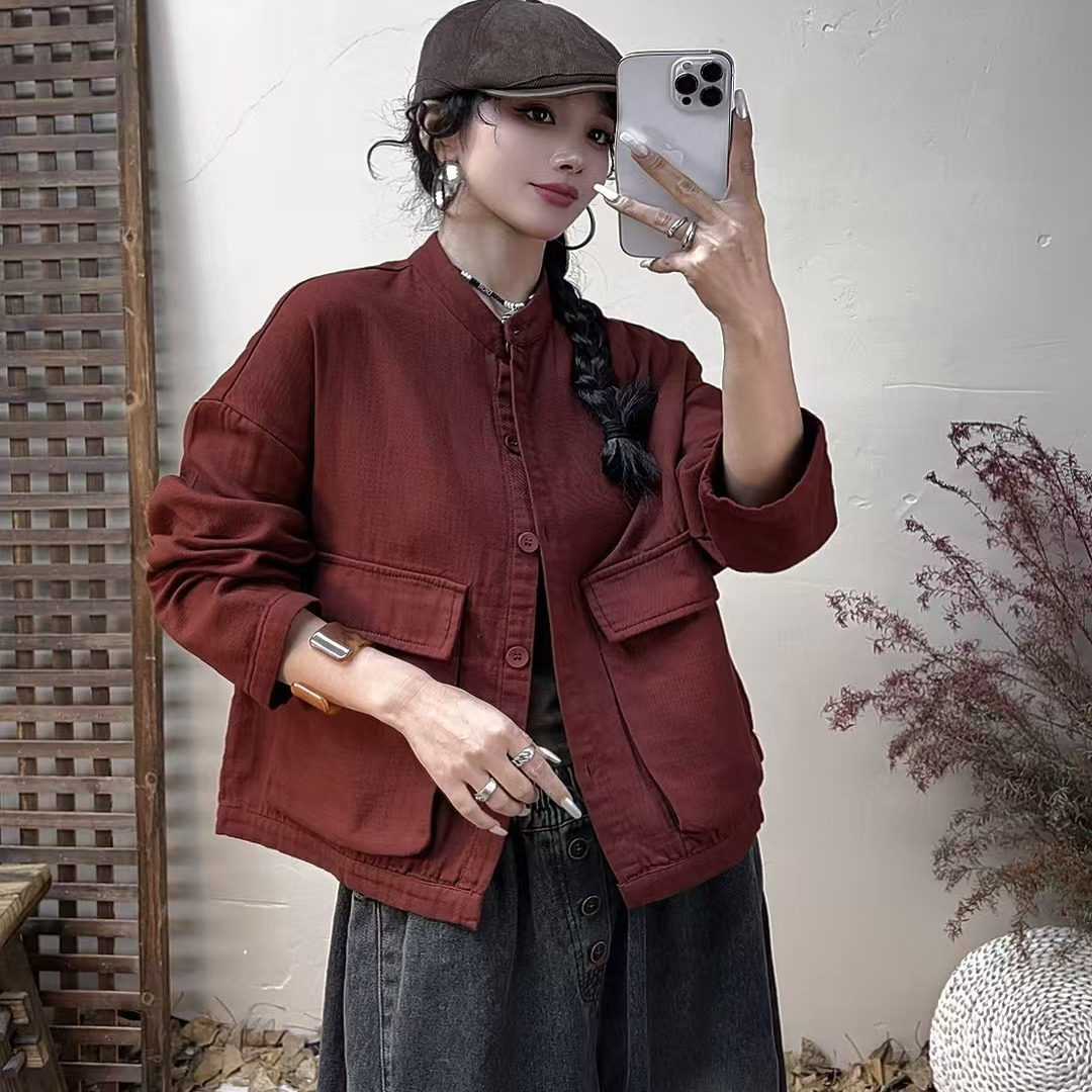 简约袋盖厚棉纱双口袋单排扣小立领上衣文艺纯色宽松百搭外套C42,女装/女士精品,短外套,淘宝优惠券,粉丝福利购,淘宝优惠卷