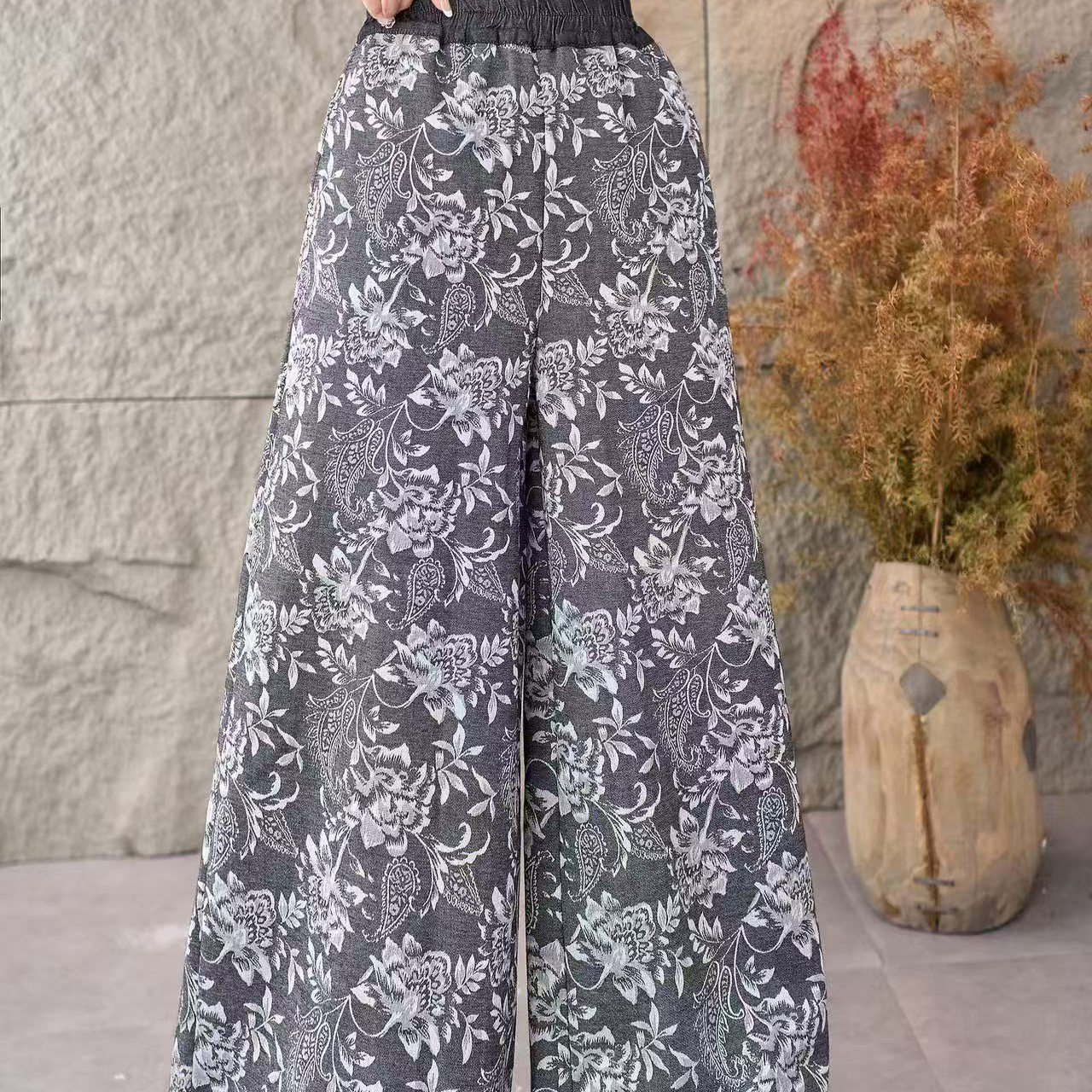 民族风重工精致提花直筒大管裤女新款加绒保暖高腰阔腿裤G42