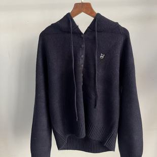 百搭休闲减龄毛衣F42 猫头刺绣连帽纽扣针织外套女冬季 新款 时尚