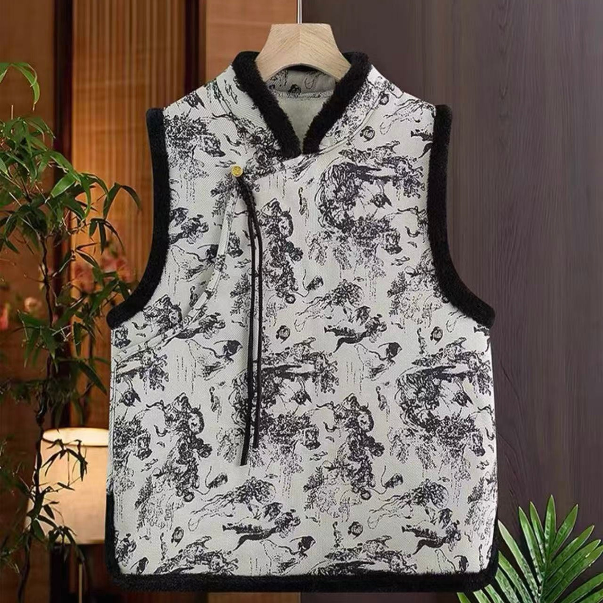 新中式国风盘扣水墨画无袖坎肩加绒马甲女文艺复古时尚背心L41 42