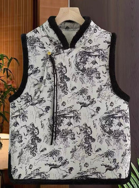 新中式国风盘扣水墨画无袖坎肩加绒马甲女文艺复古时尚背心L41 42