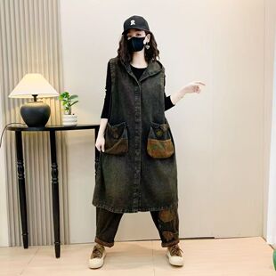 复古工装风坎肩牛仔马甲女宽松百搭中长款连帽休闲背心外套L32