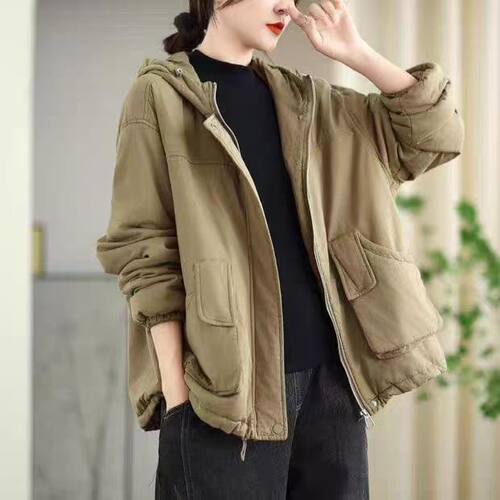 复古文艺宽松百搭纯色连帽休闲棉衣女新款保暖时尚棉服E34