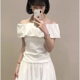 显瘦别致上衣 法式 纯欲风一字肩白色短袖 t恤女夏季 设计感小众修身